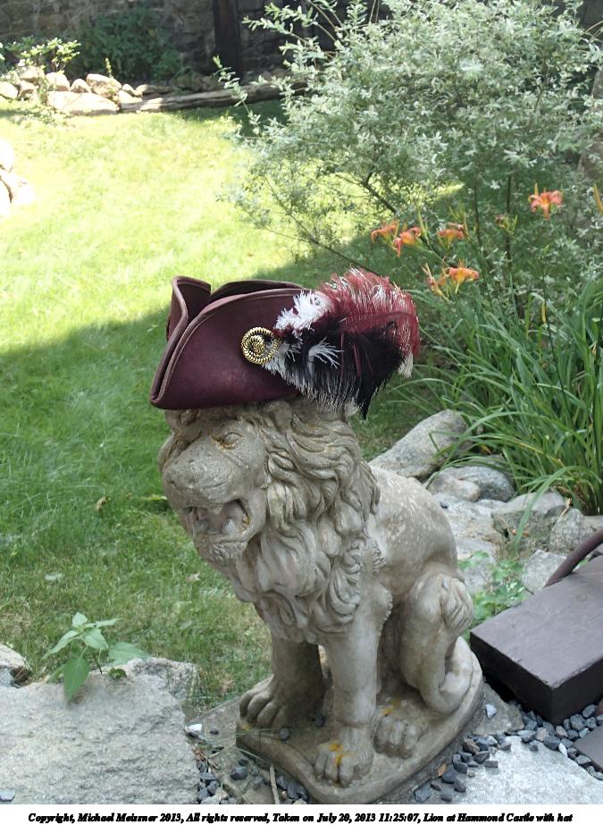 Lion at Hammond Castle with hat