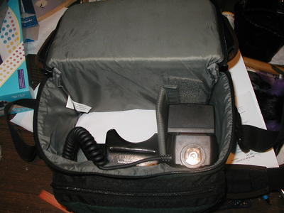 Packing the bag #1, Lumiquest bouncer underneath, Promaster flash on side