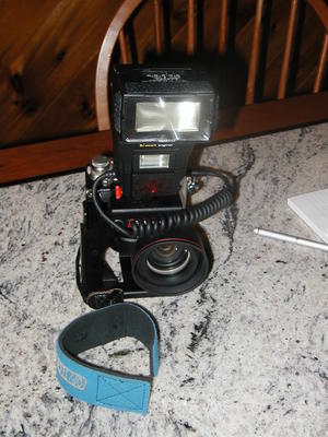 Promaster 5750DX flash on camera, front view