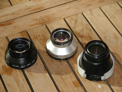Tiffen wide angle lens, Kenko KNW-075 wide angle lens, Olympus A-200 telephoto lens