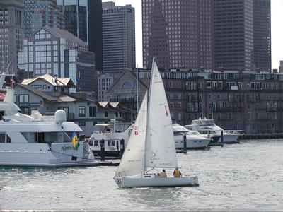 Sailbot in front of Commercial wharf