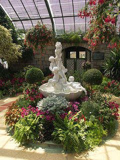 Flowers and fountain in the botanical gardens