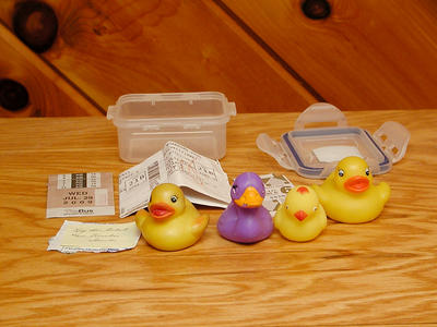 The ducks, their tickets, and carrying case
