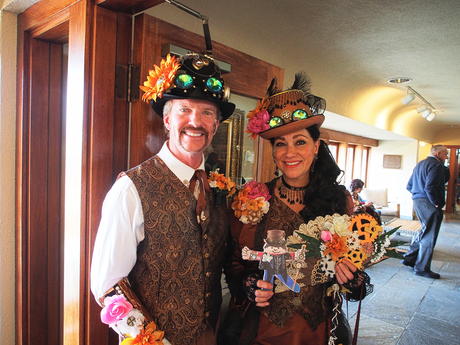 Steampunk couple with Flat Stanley