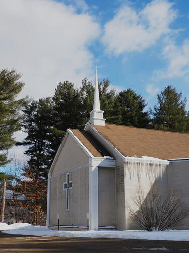 Ayer, MA church with icicles