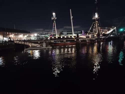 USS Constitution with Christmas lights